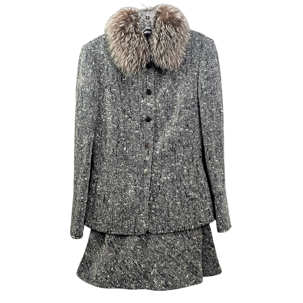 Nwot Rena Lange 2 Pc Blue Frost Fox Fur Collar Blk/Creme Tweed Midi Skirtset